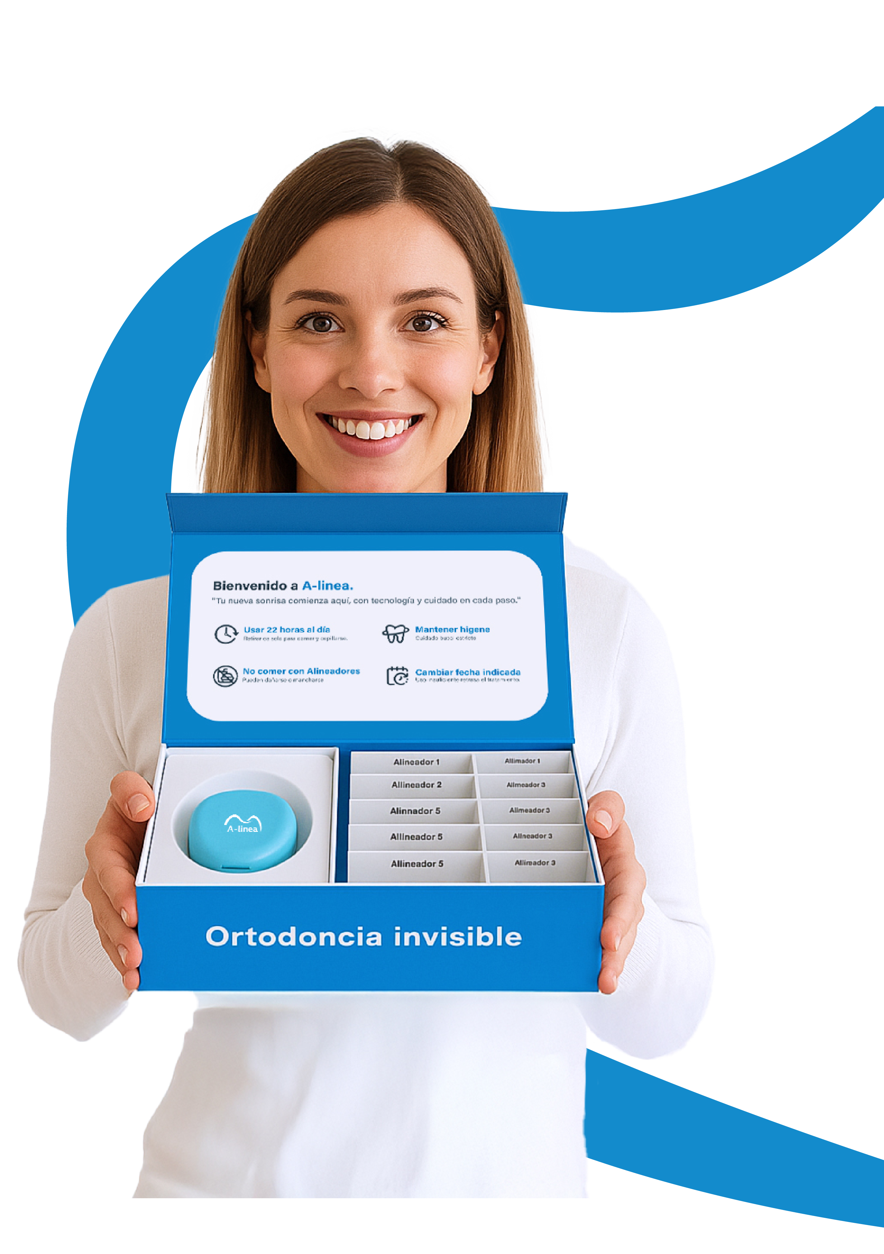 Mujer sonriente mostrando el packaging de ortodoncia invisible A-linea con alineadores transparentes